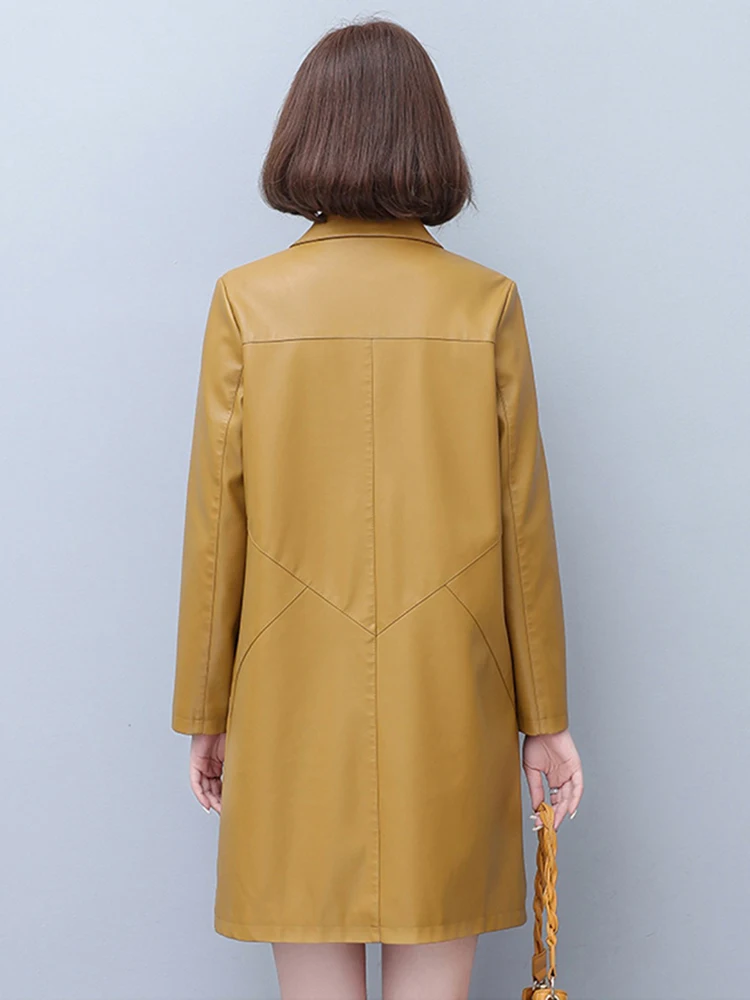 New Women Spring Autumn Leather Coat Casual Fashion Plus Cotton Lining Medium Long Loose Sheepskin Trench Coat Mother Topcoat