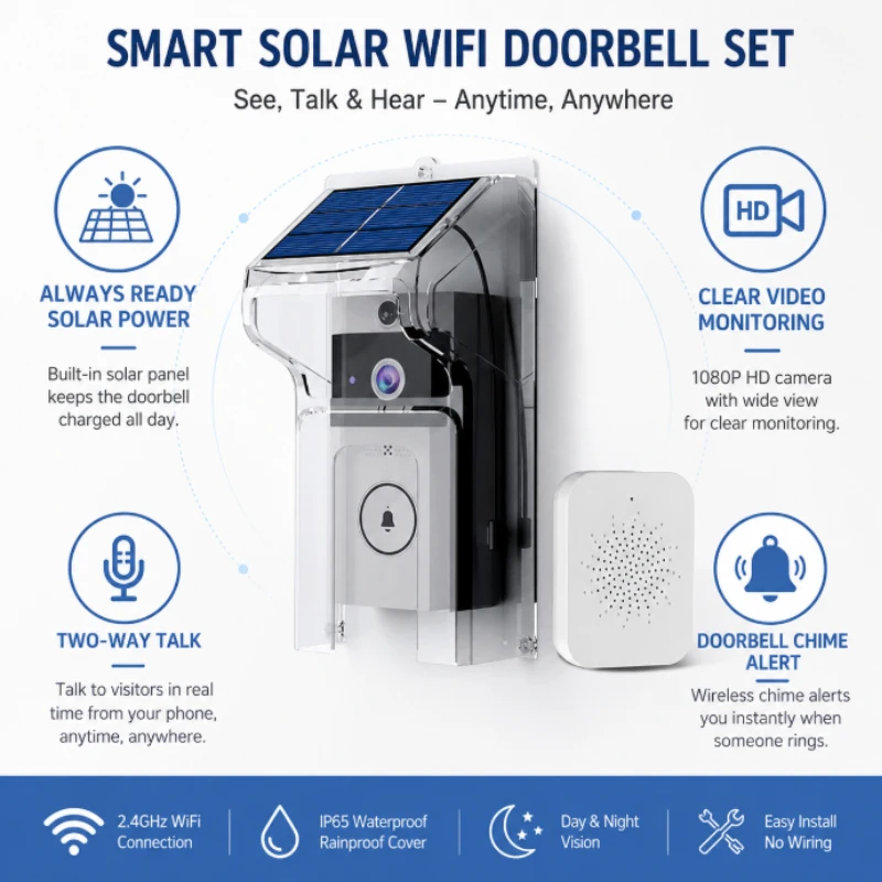Wireless Smart Video Doorbell Kit Transparent Waterproof Protective Shell Solar Rechargeable Home Door Security Intercom