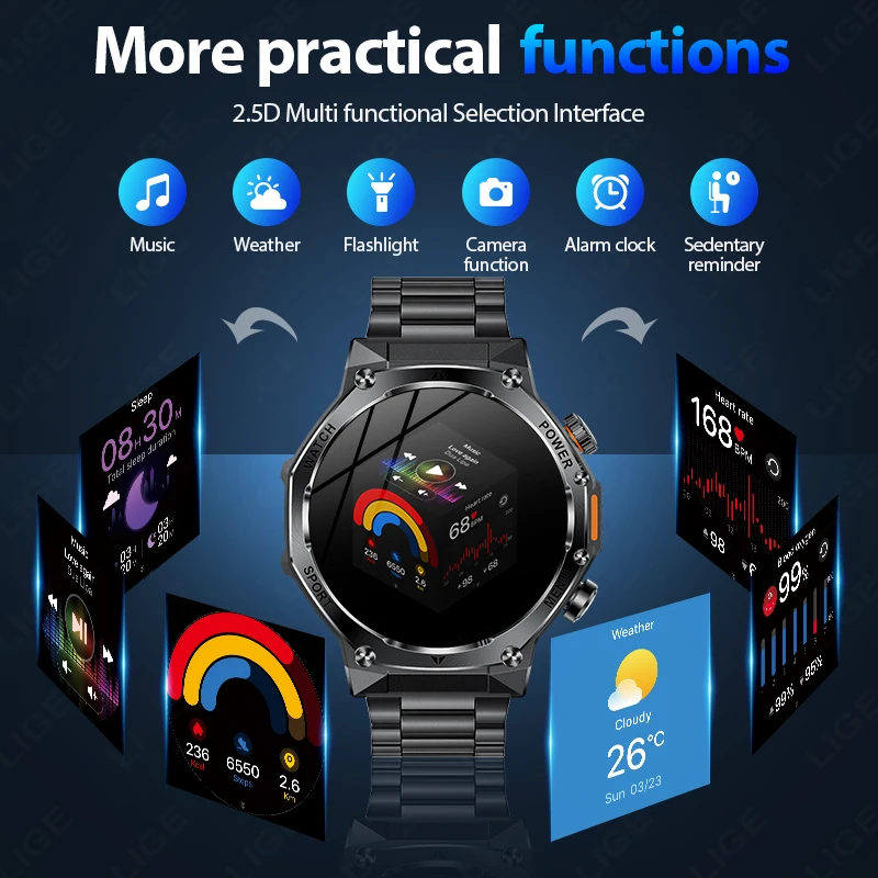 2026 LIGE Smart Watch Bluetooth Call 800mAh Large Battery Sports Heart Rate 1.8" Military Outdoor Men Smartwatch For Android IOS