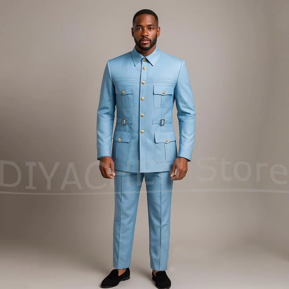 Men Suit 2 Piece Set Multi Pocket Gold Button Single Breasted Wear Slim Fit Formal Blazer Pants For Wedding Party Smart Casual
