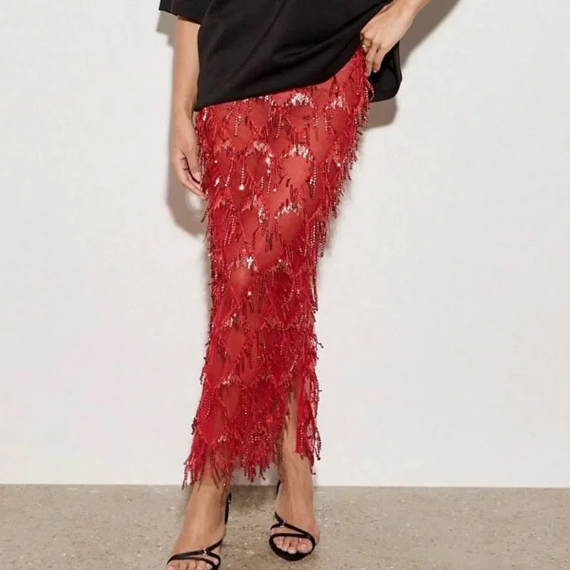 Women Sequin Tassel Midi Skirts High Waist Mesh Sheer Diamond Pattern Fringe Beaded Skirts Elegant Cocktail Evening Party Skirts