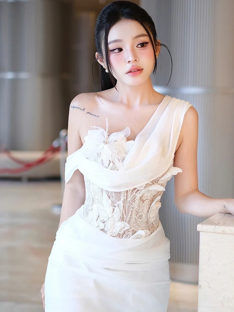 Whatiwear Asymmetric Collar Dress Women 3d Flowers Butterfly Decoration Patchwork Sleeveless Backless Folds Prom Party Bodycon