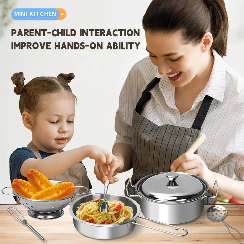 Zestaw zabawek kuchennych dla dzieci ze stali nierdzewnej z prawdziwymi metalowymi przyborami kuchennymi, garnkami i patelniami - akcesoria do zabawy w udawanie dla dzieci