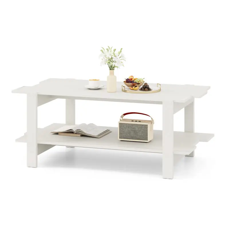 

2-Tier Coffee Table Slatted Wood Center Table with Storage Shelf-White