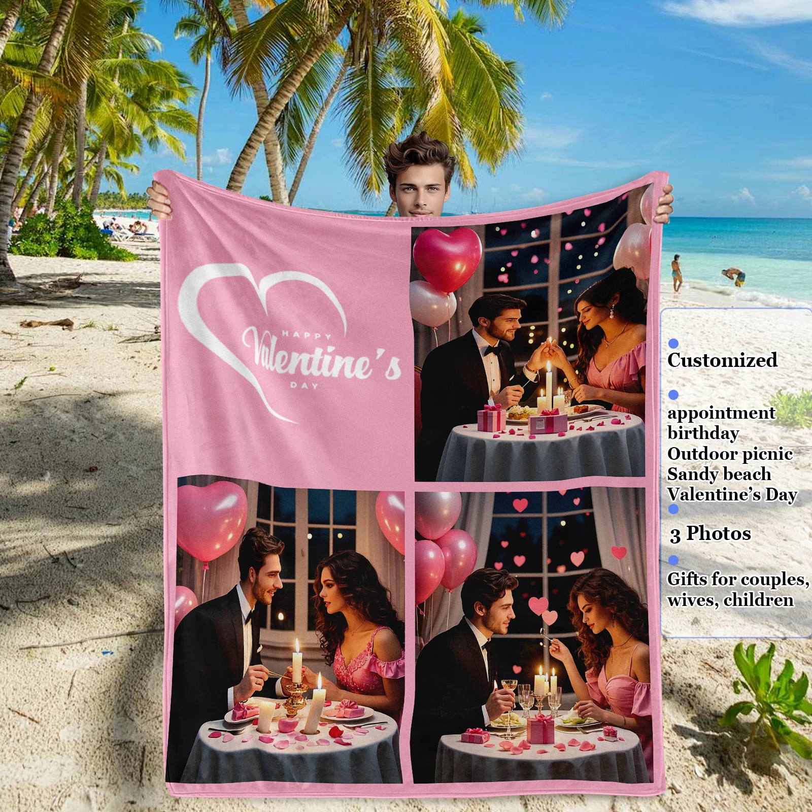 

Custom Blanket Personalized Tapestry With 3 Photos Gifts For girlfriend Wife Birthday Valentines Room Decoration Outdoor Beach