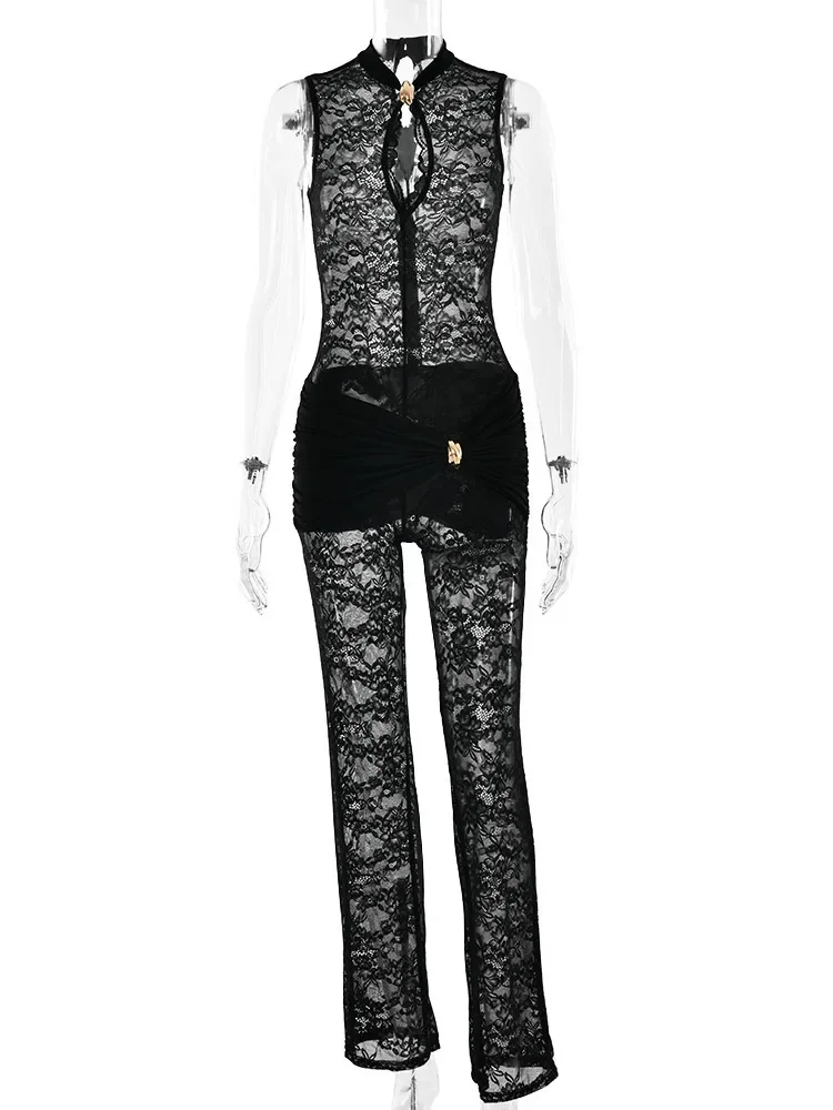 Lace See Through Sexy Jumpsuits Women Rompers Elegant Hollow Out Sleeveless High Waist Ruched Club Party Jumpsuit