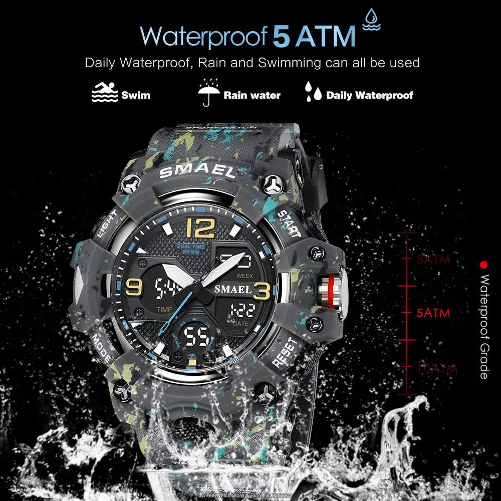 SMAEL Military Sport Watches for Men LED Dual Time Display Digital Wristwatch Fashion Waterproof Chronograph Quartz Watch Male