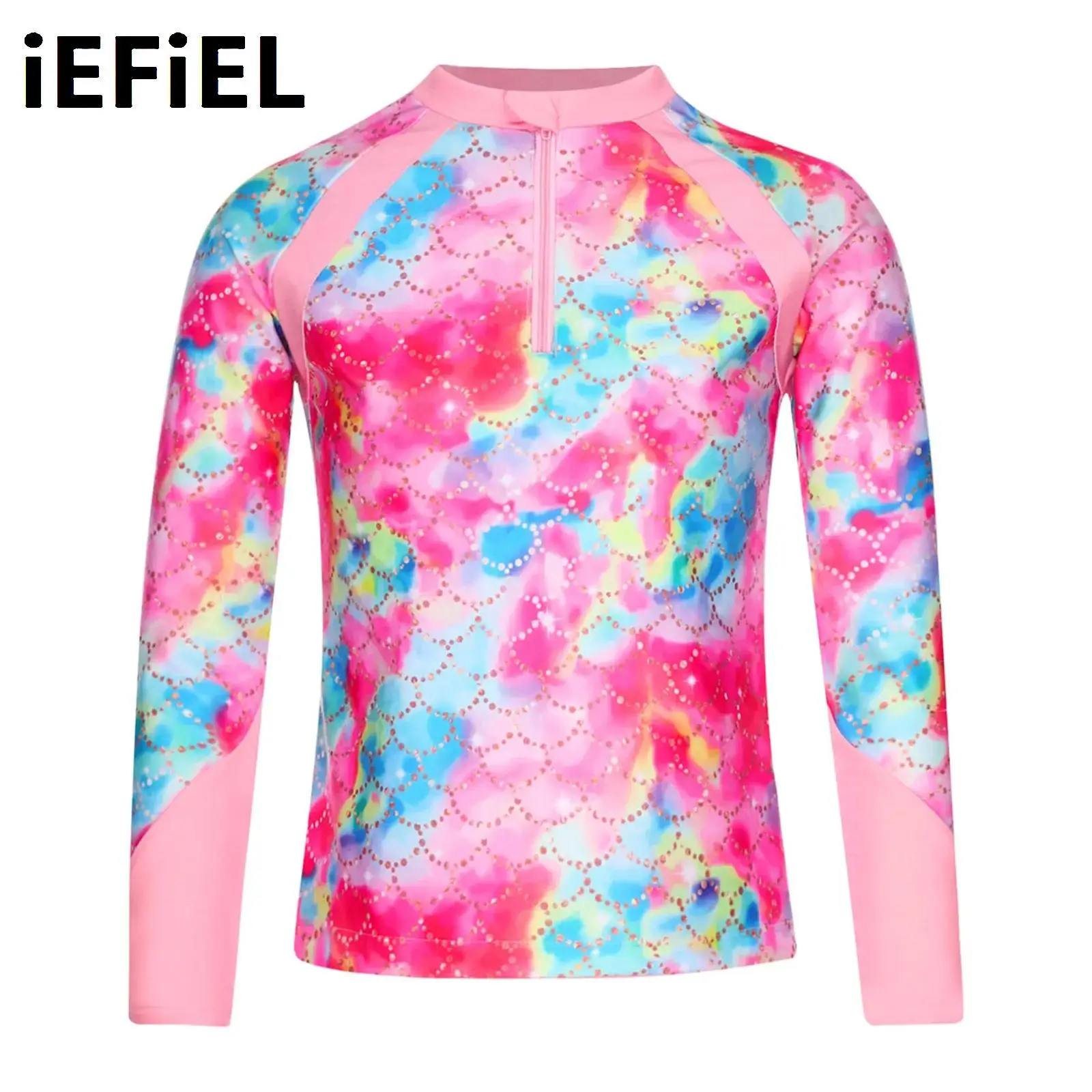 

Children Print Swim Top for Girls Mock Neck Long Sleeve Front Zipper Print Tops Swimsuit Pool Beach UPF 50+ Surfing Bathing Tops