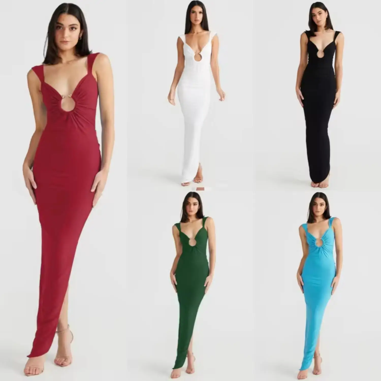 

EINY Elegant Solid Straps Sleeveless Backless Metal Loop Draped Slit Maxi Dress Summer Women Clothes Evening Party Vacation Chic