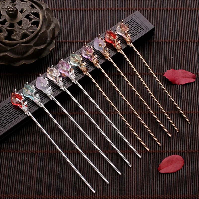 2022 New Vintage Chinese Style Hair Stick Women Metal Glaze Hair Pins Hair Fork Hair Chopsticks Hairpin Jewelry Hair Clip