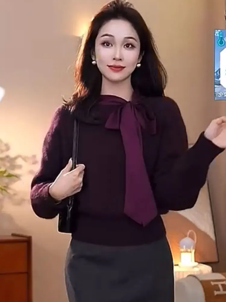 

Ele Purple Knitwear with Sa And Knot for Commuting Autumn Winter Long Sve Loose Fit Korean Sle Women's C...