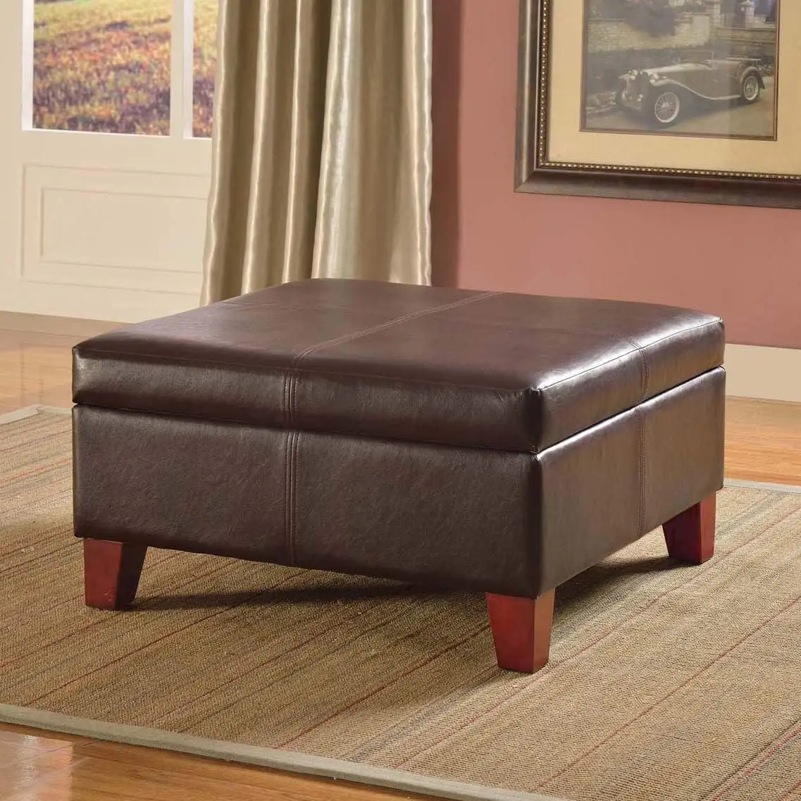 Home Decor |K2380-E155 | Luxury Large Faux Leather Square Storage Ottoman | Ottoman with Storage for Living Room & Bedroom