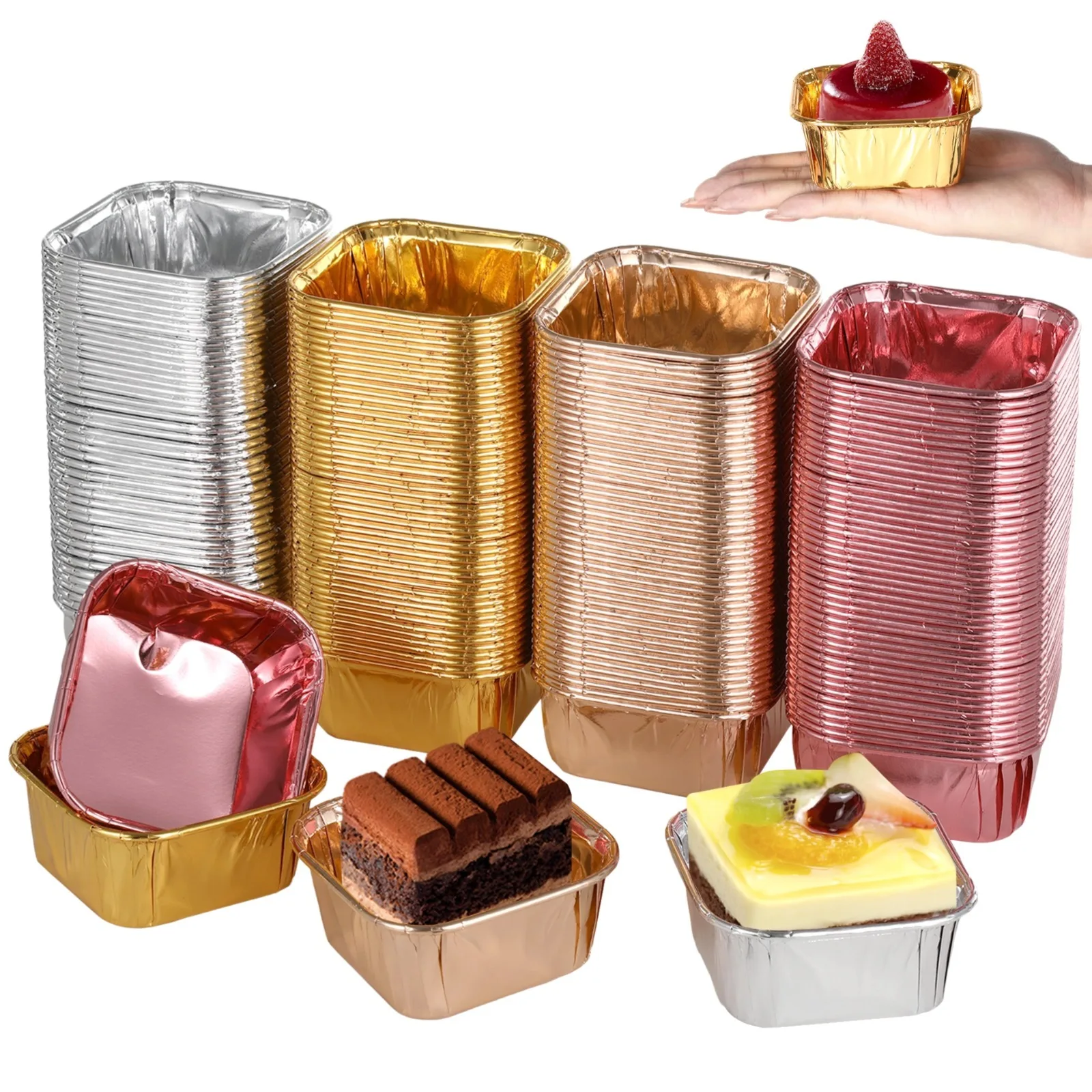 200Pcs Aluminum Foil Cupcake Liners Square Disposable Brownie Baking Cups Mini Dessert Cups Muffin Cheesecake Pans Muffin Holder