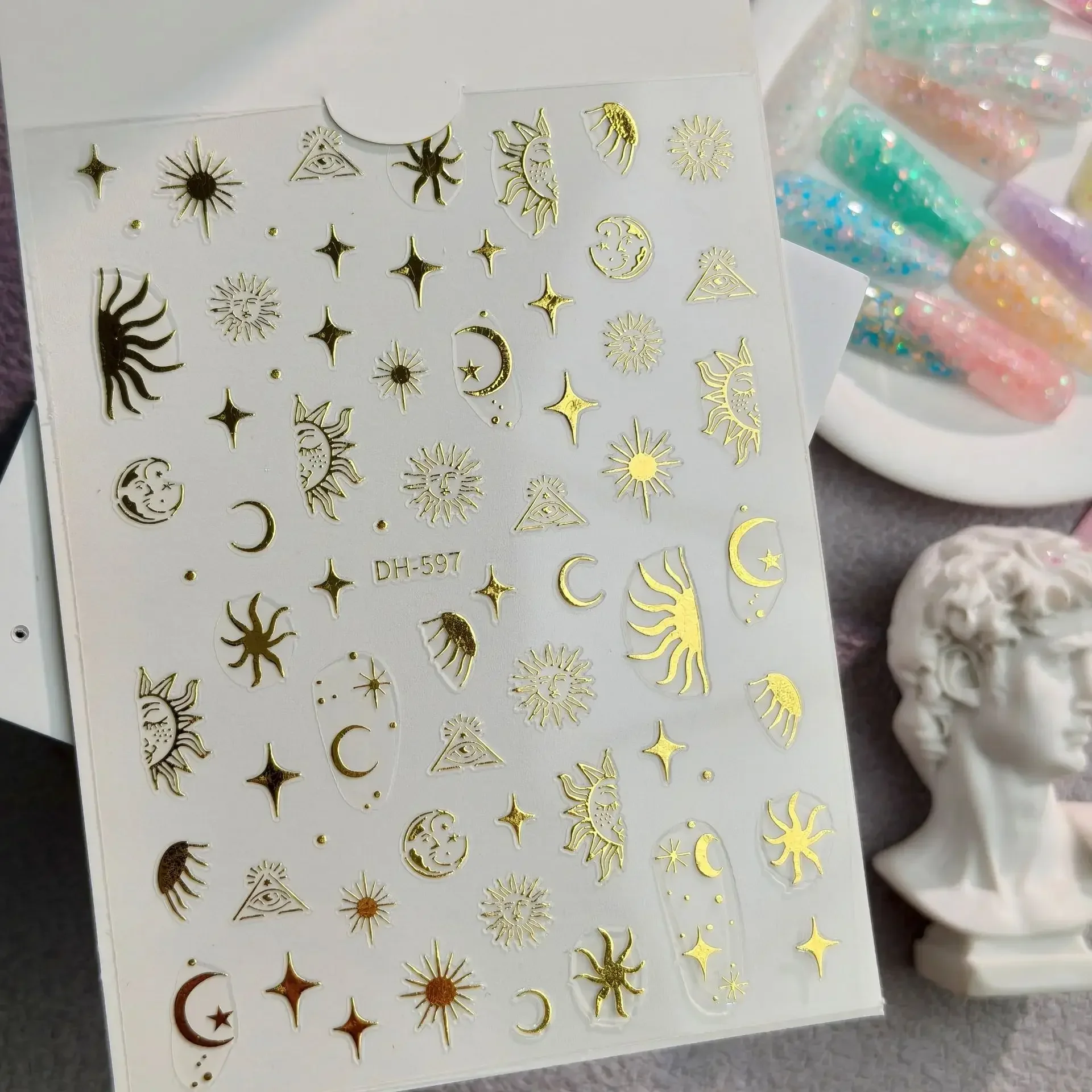 1 Set Gold Foil Sun Moon Star Nail Stickers Mystic Triangle Eye Self Adhesive DIY Manicure Nail Art Decor Ornaments