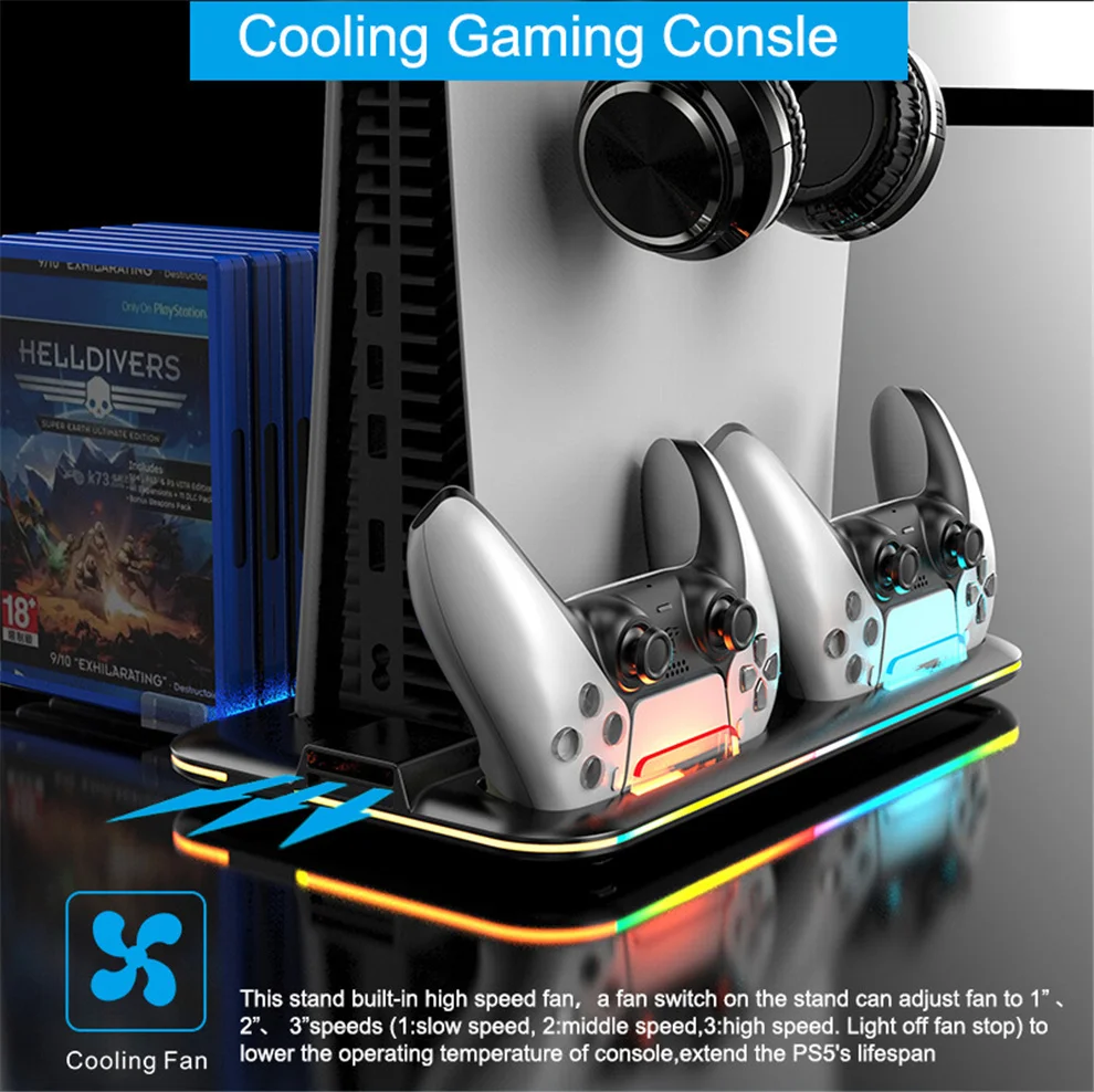 حامل شحن رقمي وقرص لأجهزة PS5 ، محطة تبريد مع وحدة تخزين CD للألعاب ، RGB LED ، محطة شحن سريعة للبلاي ستيشن 5