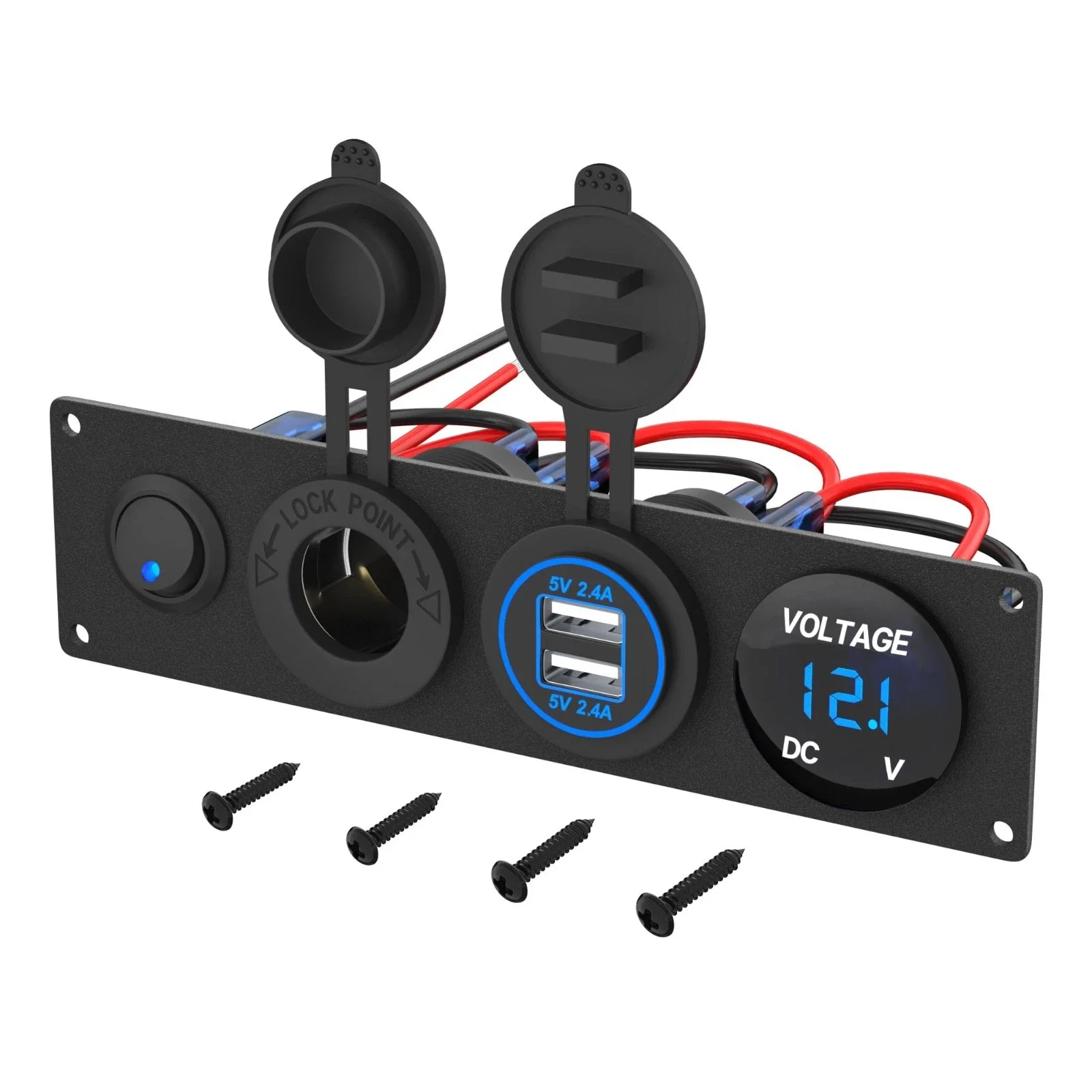 Painel de Tomada 4 em 1 ON/OFF com Carregador, Porta USB Dupla, Voltímetro LED e Tomada de Acendedor de Cigarros com Interruptor LED