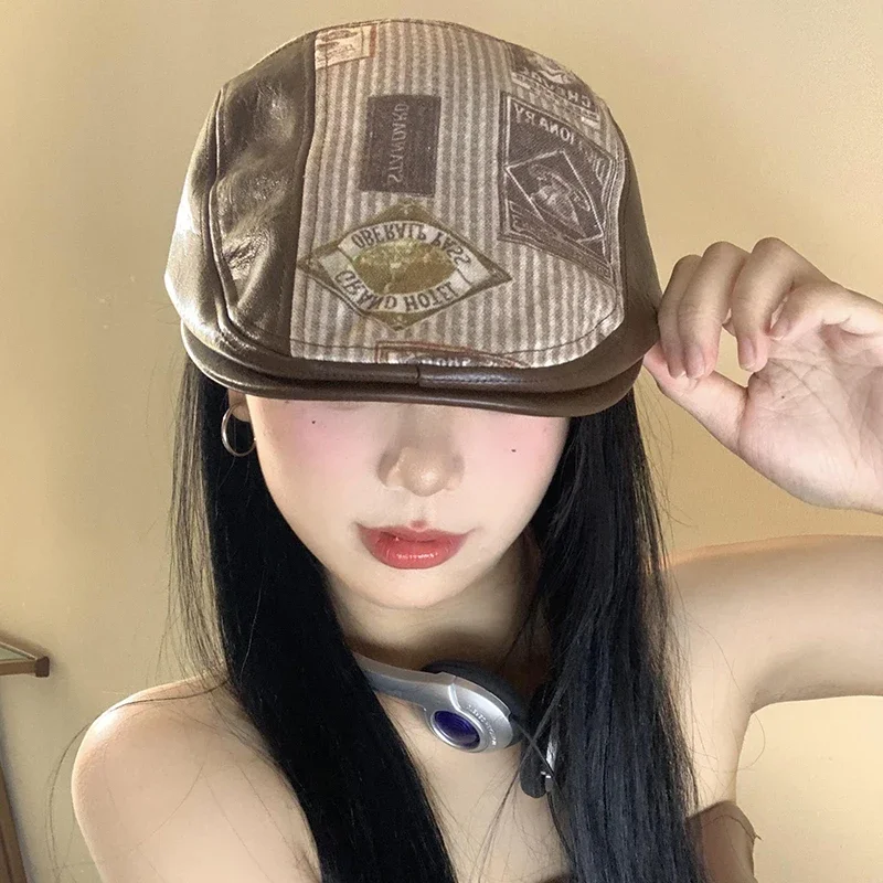 American Retro Printed Pu Leather Brown Forward Hats for Women and Men Autumn New Casual Versatile Show Face Small Berets