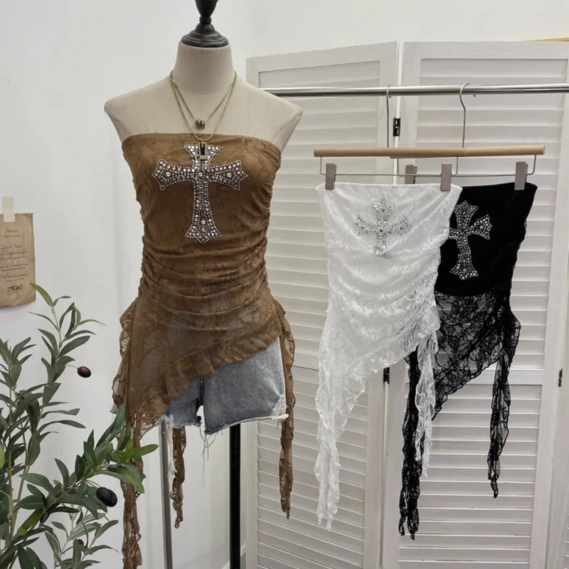 

Irregular Tops&Tees Women Strapless Lace Y2K Spicy Girl Street American Sexy Lace Strapless Cross Nail Bead One Size Top Tee New