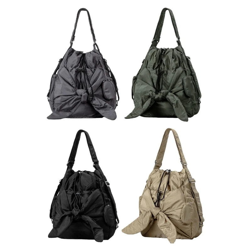 Women's Nylon Drawstring Bucket Bag with Multiple Pockets Bows Shoulder Backpack 066F