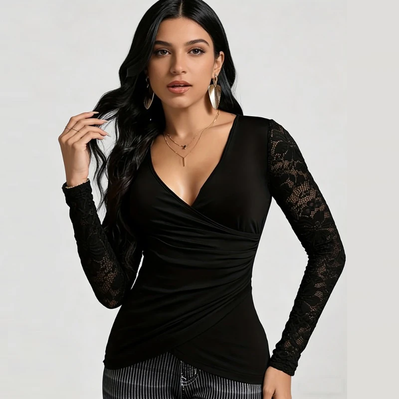 الخامس الرقبة الكورية الأسود المرقعة الدانتيل بأكمام طويلة سليم صالح المرأة قمة الربيع والخريف موضة كروس بلوزة أنيقة جديدة