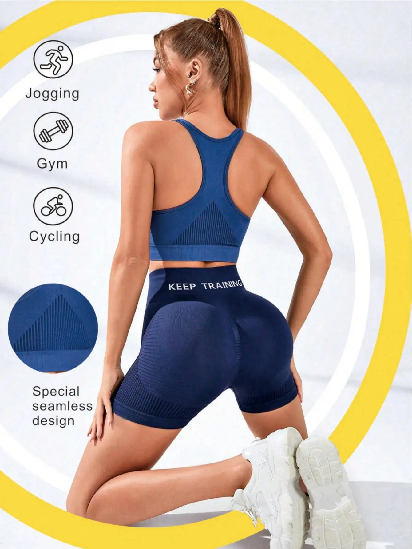 Women Seamless Square Neck Sports Bra, High Elastic Straps Yoga Crop Top, Quick Dry Gym Workout Bralette for Jogging Cycling