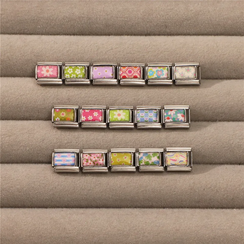 New Bright Colorful Flowers Daisy Orchid Tulip Italian Charm Links Fit 9mm Stainless Steel Bracelet Women Men DIY Making Jewelry