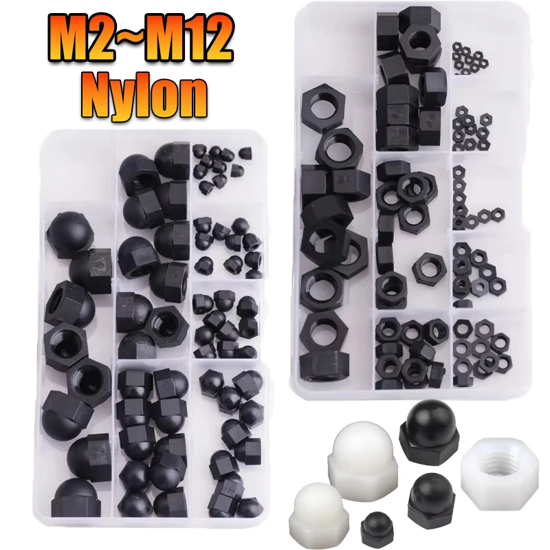 90pcs Nylon Acorn Cap Dome Nuts White/ Black Plastic Hexagon Hex Nut Set M2 M2.5 M3 M4 M5 M6 M8 M10 M12 For Insulation Use