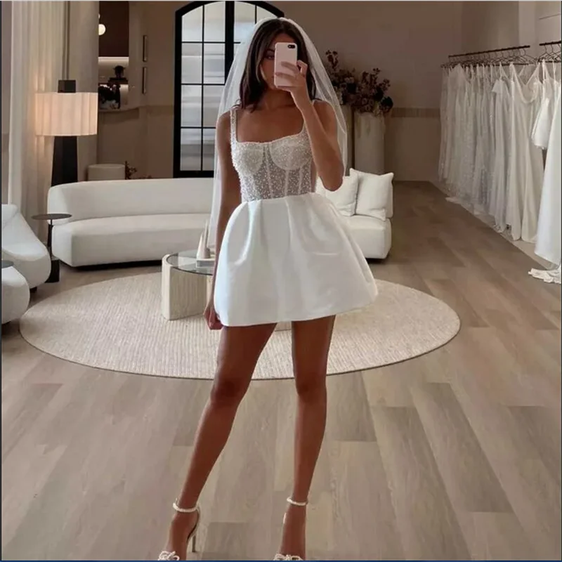 Lluxury Women Party Dress Dubai Dresses Ivory Satin Short Mini Spaghetti Strap A Line Simple Formal Party Homecoming Prom Gowns