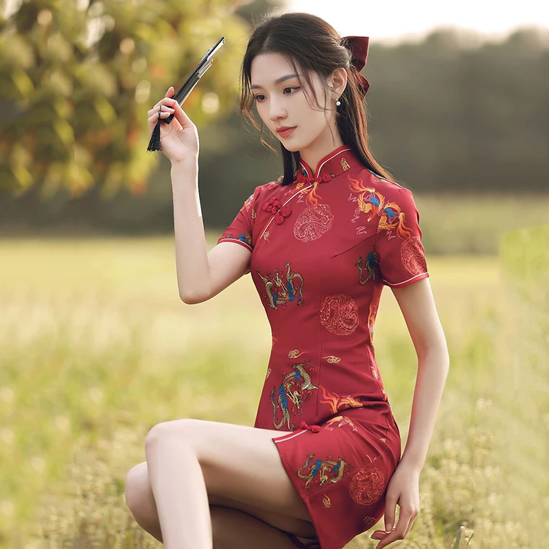 Short Cheongsam for Women, Red Qipao Dress, Chinese Traditional Dress for Girls