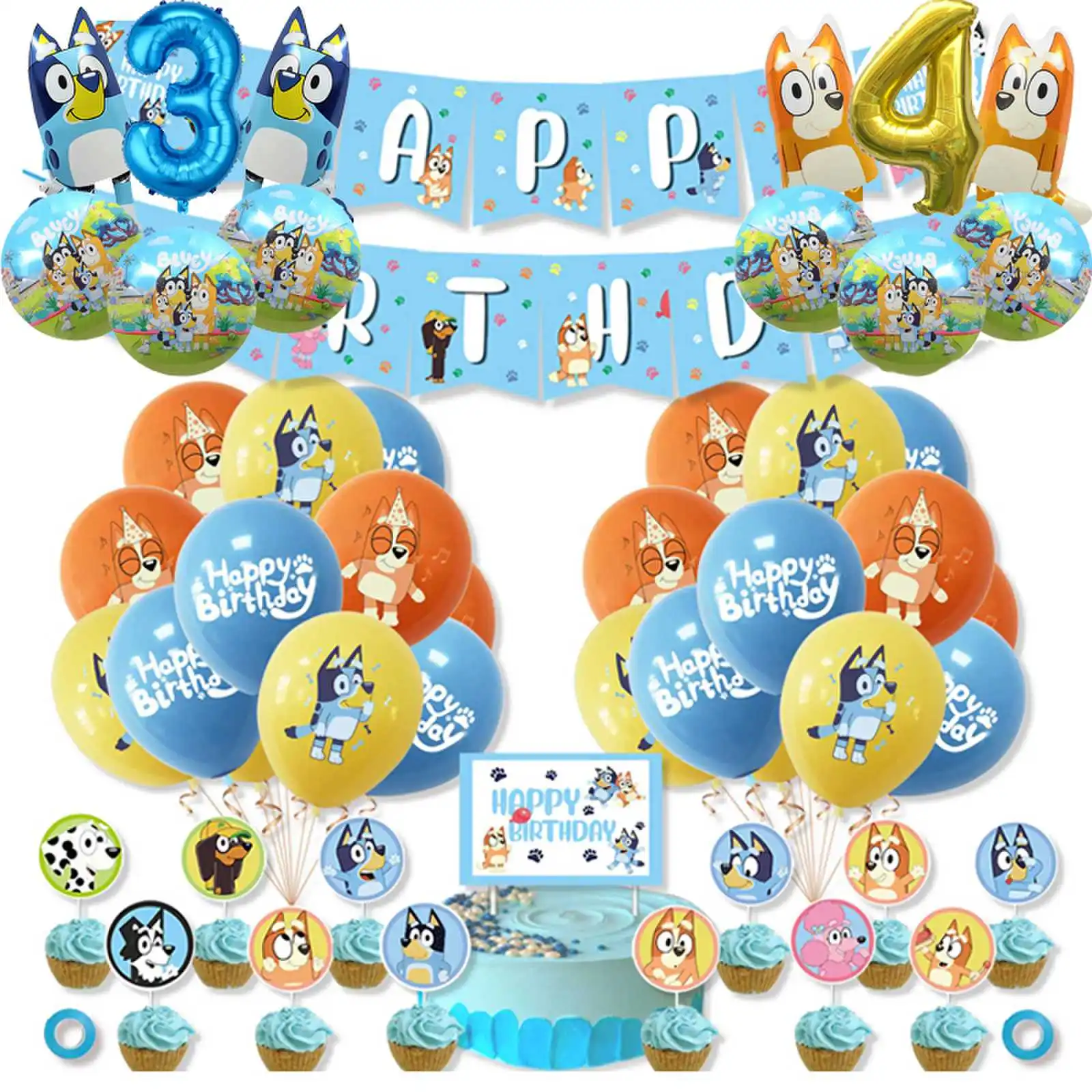 Bluey – vaisselle de fête d'anniversaire de noël, bannière jetable, garniture de gâteau, drapeau suspendu, ballons avec chiffres bleus, décoration d'anniversaire