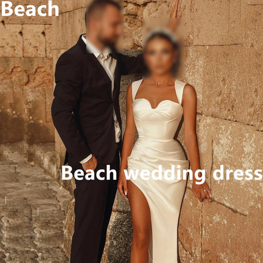 Praia personalizado vestidos de casamento de cetim 2024 robe de mariee sexy com decote em v tribunal trem rendas apliques sem costas novia