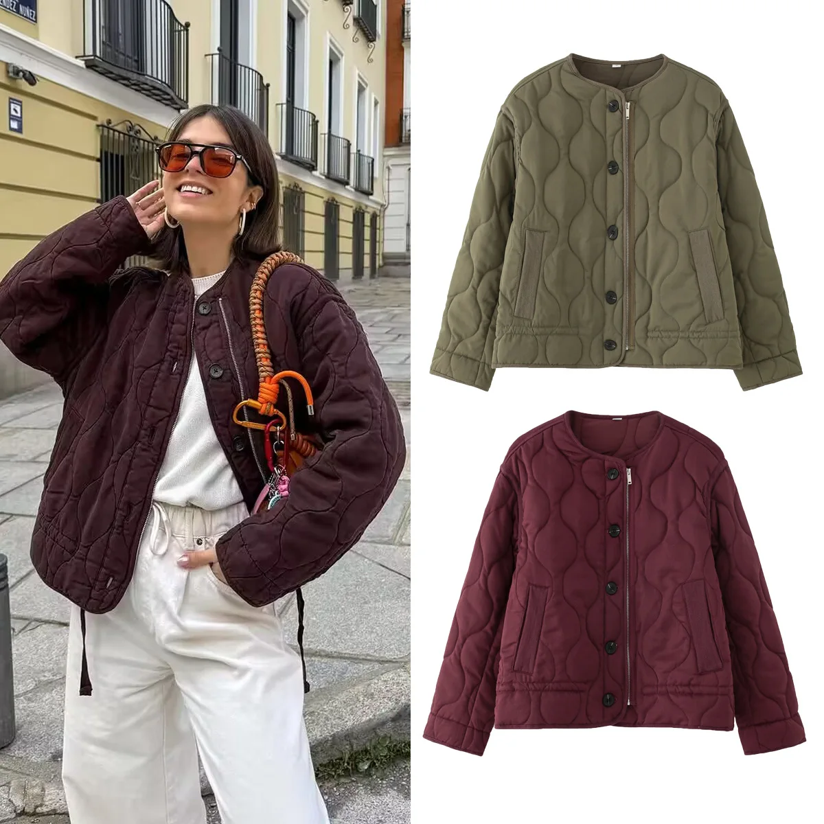 

Women Quilted Padded Jackets 2025 Autumn Winter Solid Round Neck Long Sleeve Zipper Cropped Coat Elegant Loose Jackets Outerwear