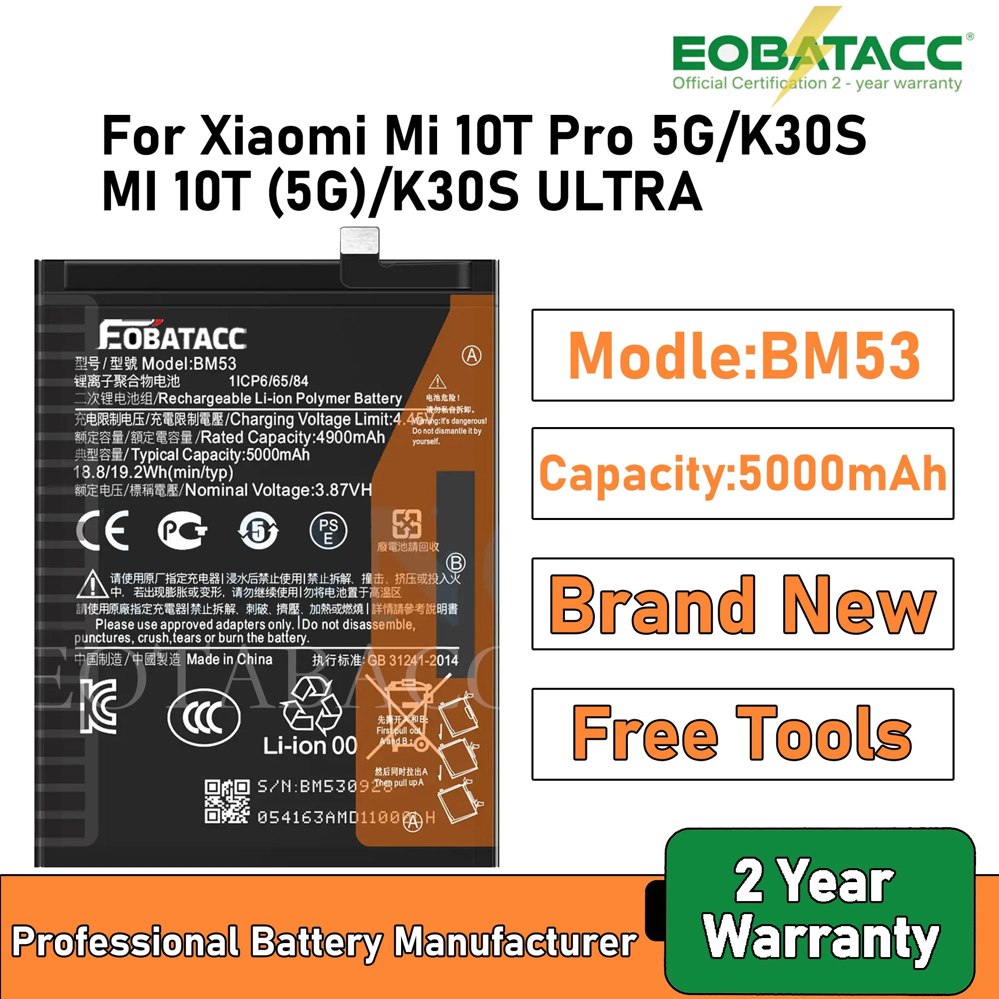

2025 Years EOBATACC 100% New BM53 Battery For Xiaomi Mi 10T Pro 5G/K30S/ 10T (5G)/K30S ULTRA 5000mAh Batteries+Free Tools