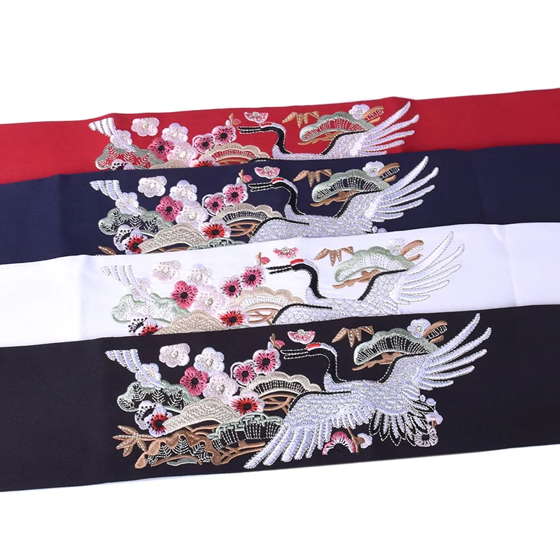 Antique Style Hanfu Belt Crane Embroidered Wide Waist Belt Women Self Tie Wrap Sash Straps Dress Kimono Obi Waist Belts