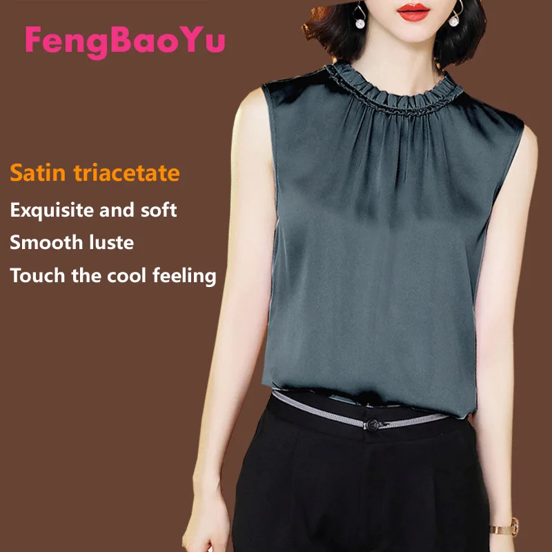 

Fengbaoyu Triacetic Acid summer Ladies Lotus Leaf Collar Vest Smooth Soft Clothes Fashionable Girls Wear White Sleeveless Tops