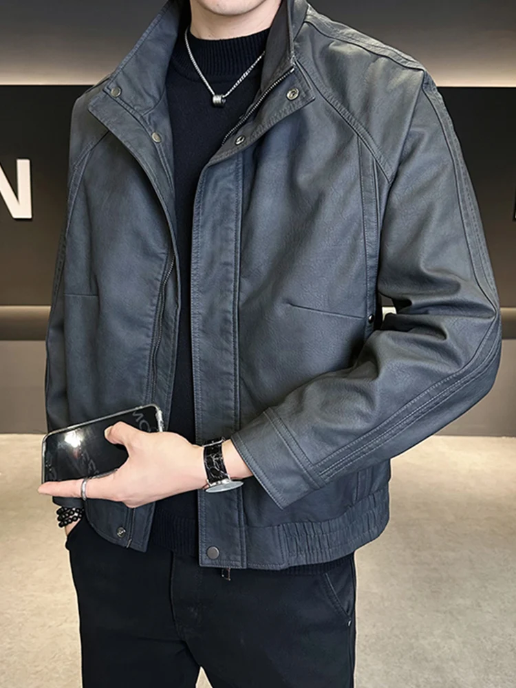 Thiened Fce اصطف الرجعية الأمريكية Jaet الرجال ملابس خارجية بولي Leather الجلود السائق Sle الخريف الشتاء الراقية يشعر الوقوف طوق