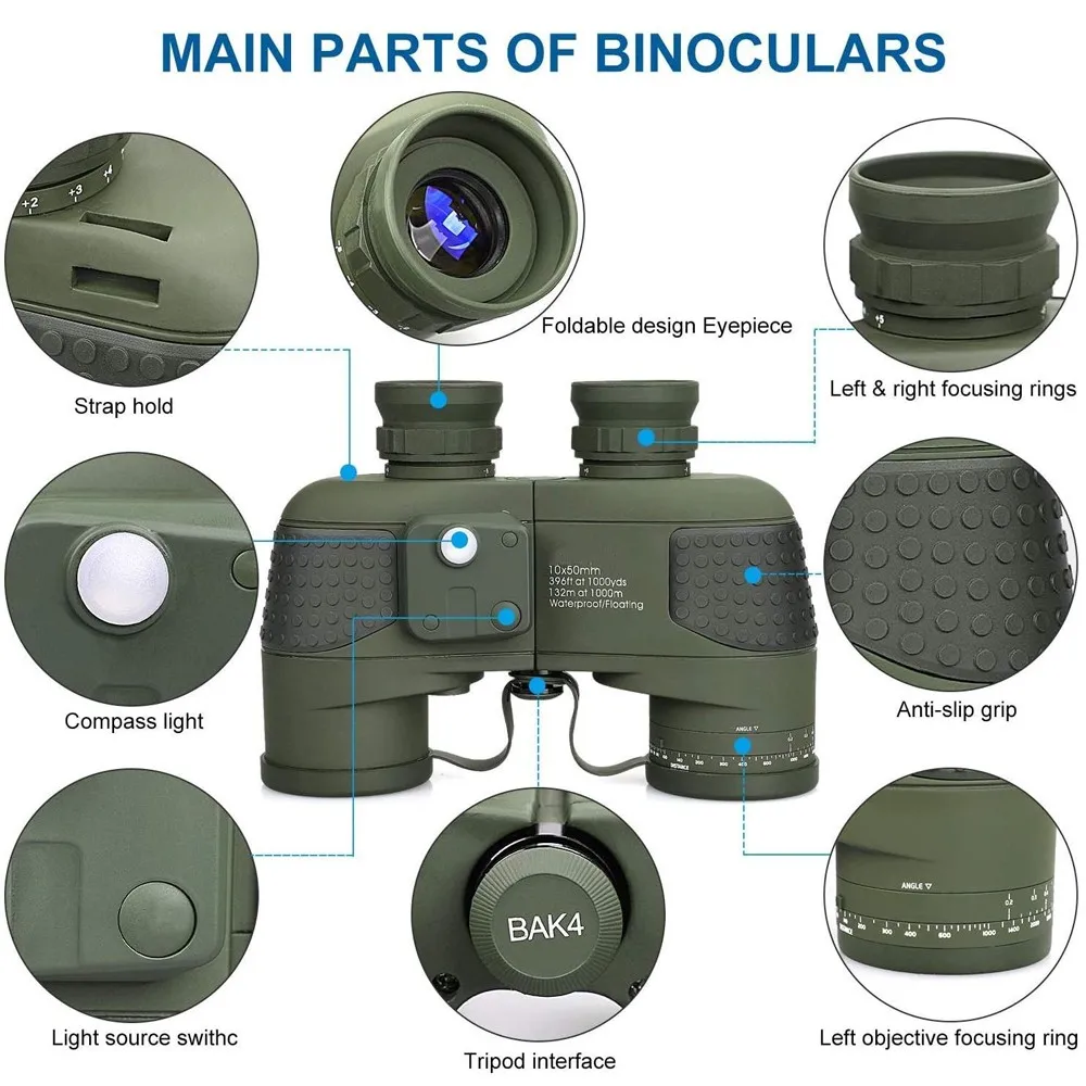 Binoculars 10x50 Marine Military Telescope Adults Waterproof With Rangefinder Compass BAK4 Prism HD Bird Watching For Hunting