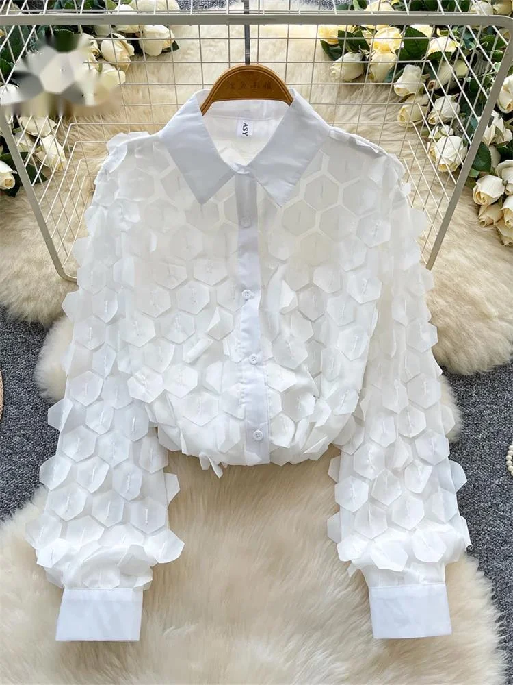 

3D геометрический дизайн, шикарная рубашка с лацканами и длинными рукавами, однобортный осенний модный топ, роскошная французская офисная женская блузка