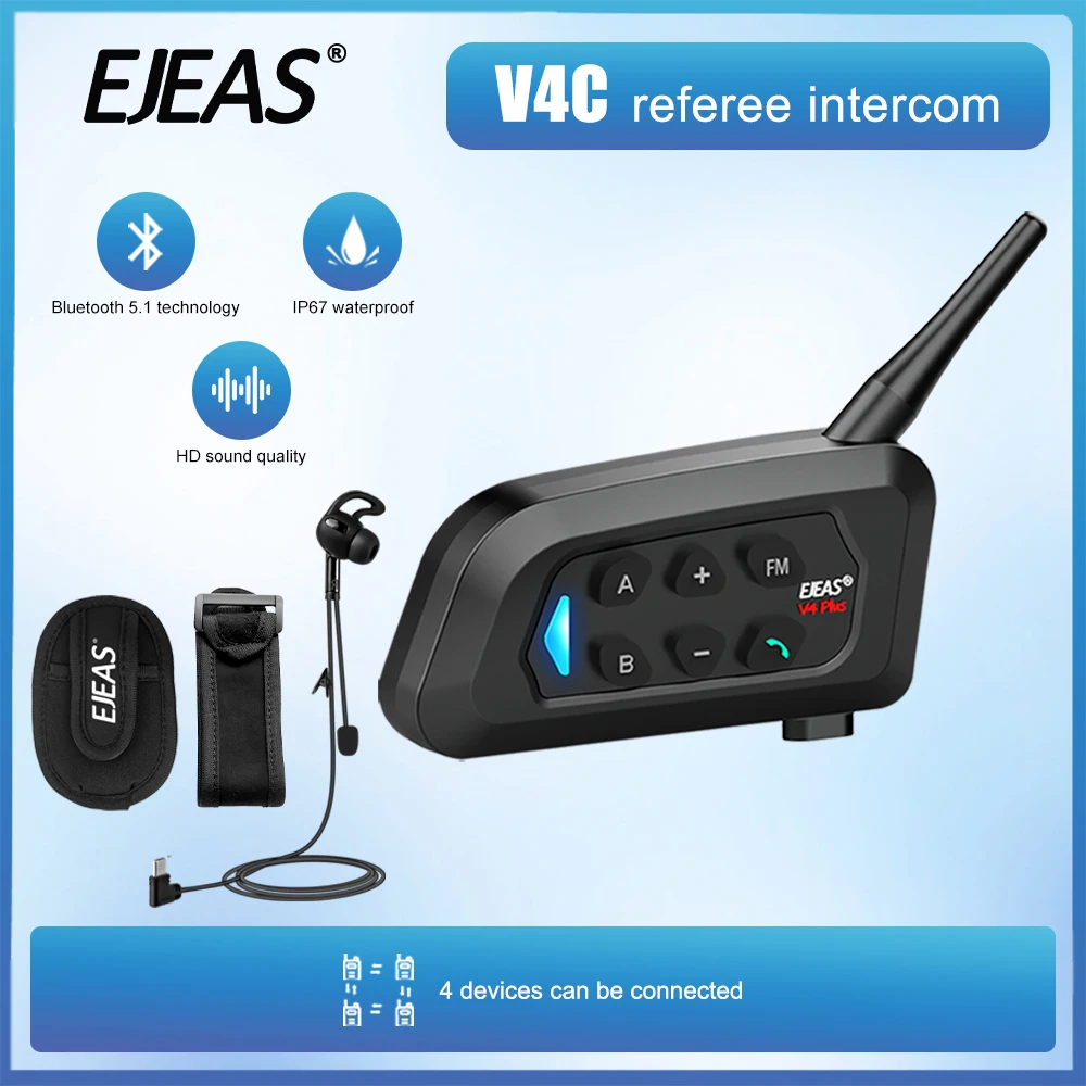 EJEAS V4C Plus Football Referee Intercom Headset 1200M Soccer Full Duplex Bluetooth Conference Interphone 