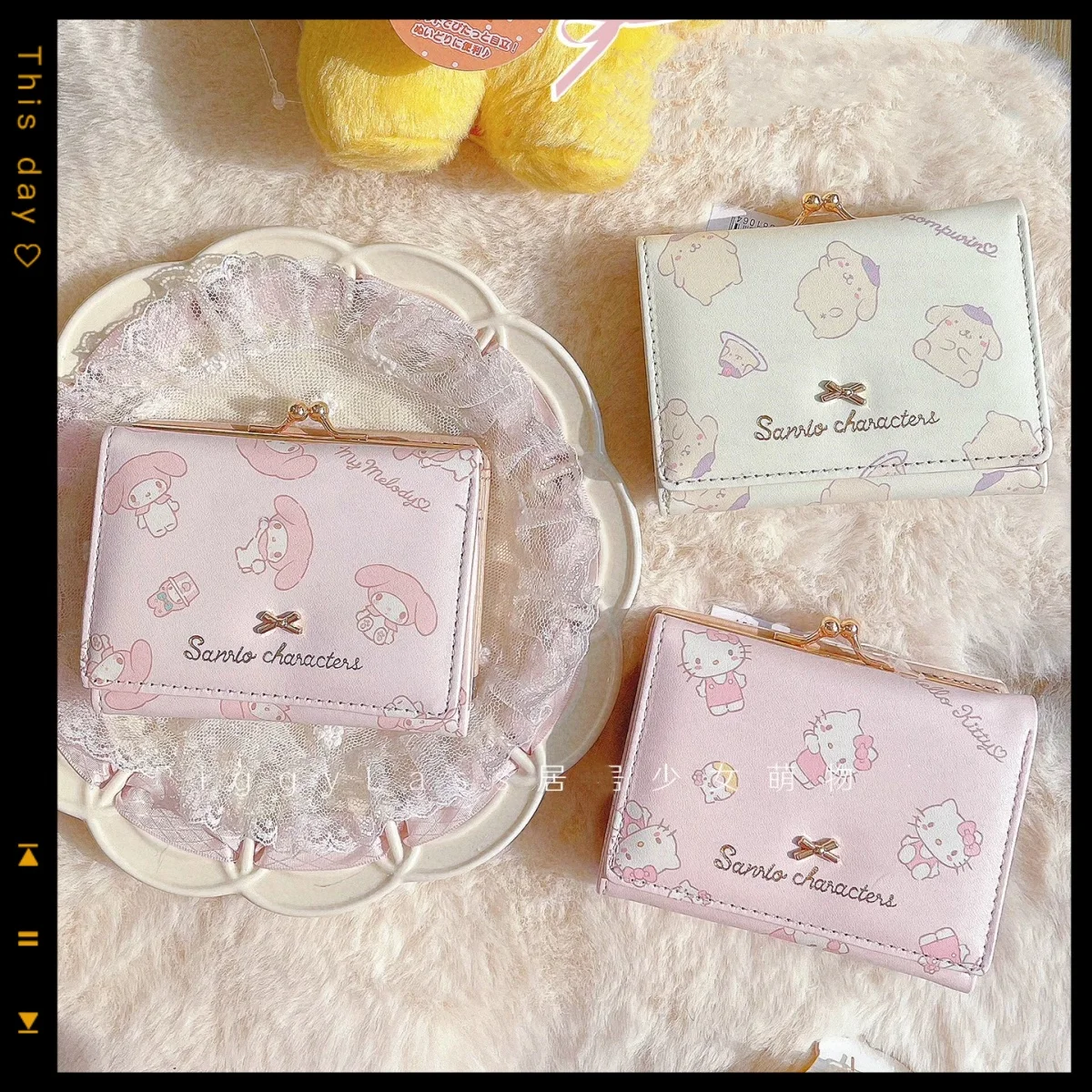 

Kawaii hello kitty short wallet women kuromi my melody cinnamoroll sanrio floral PU zipper buckle card holder cute birthday gift