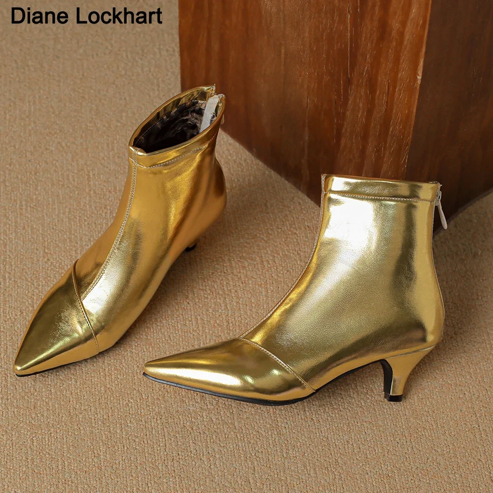 

2025 New Stilettos Ankle Boots PU Leather Gold Silver Women Pointed Toe Low Heel Short Boots Sexy Women Zip Booties Feminim32-46