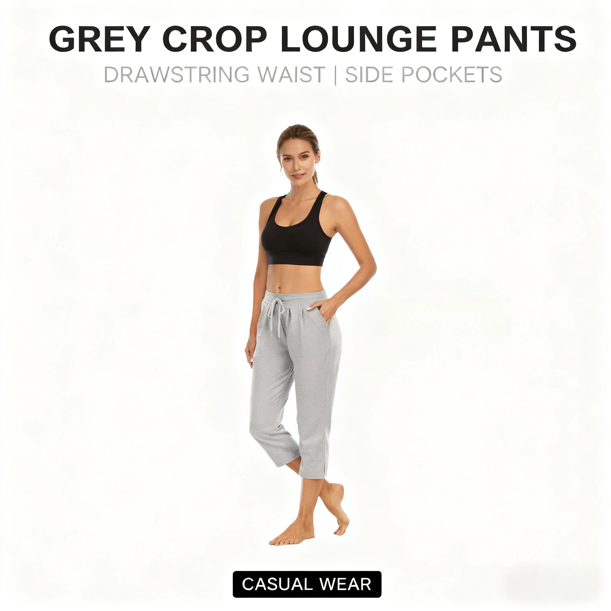 2025 European & American Women's Solid-Color Pocket High-Waisted Athletic Fitness Yoga Wide-Leg Cropped Pants