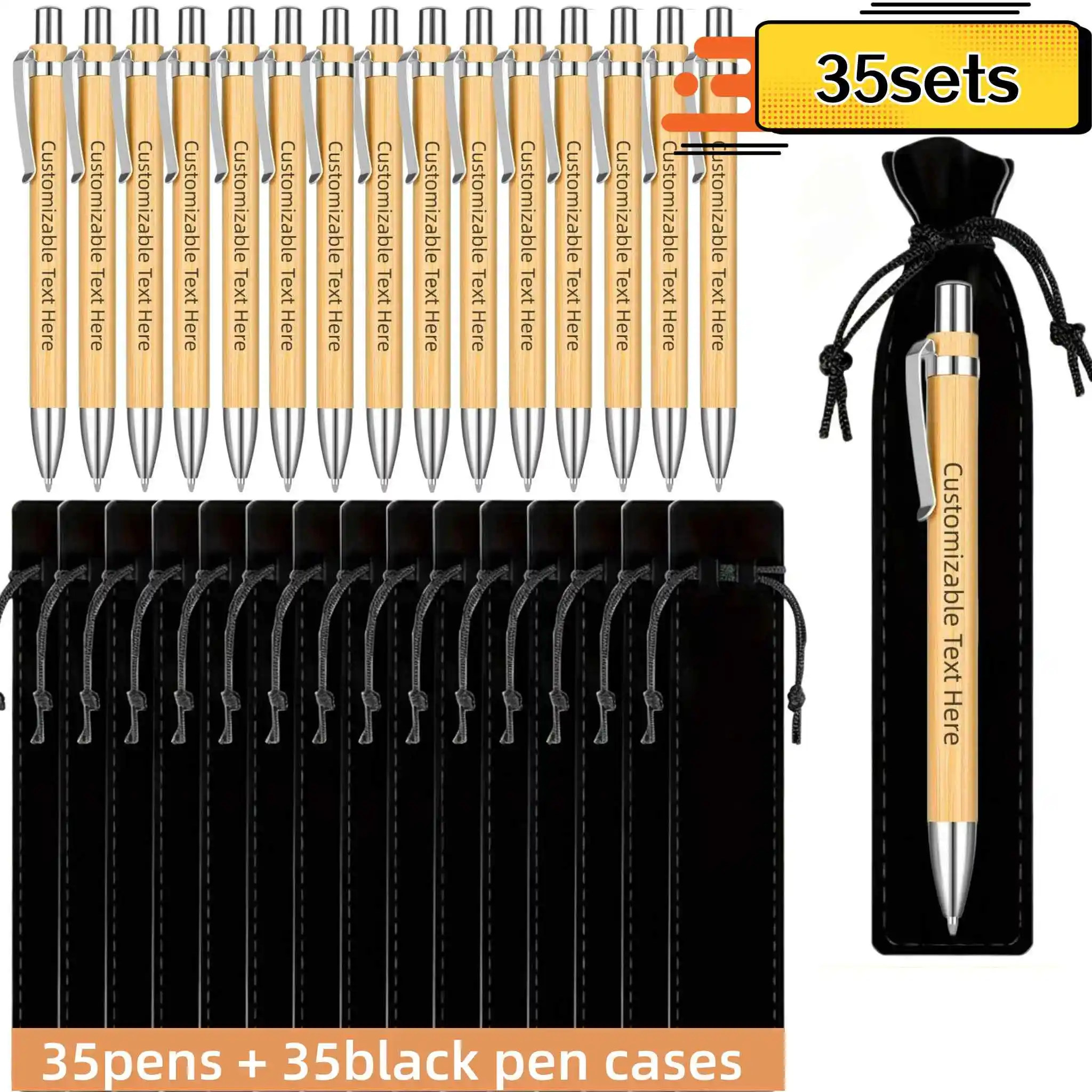 35sets Customizable Bamboo Ballpoint Pens Personalized Wooden Round Pens with Black Pouches Elegant Wedding Engagement Gifts