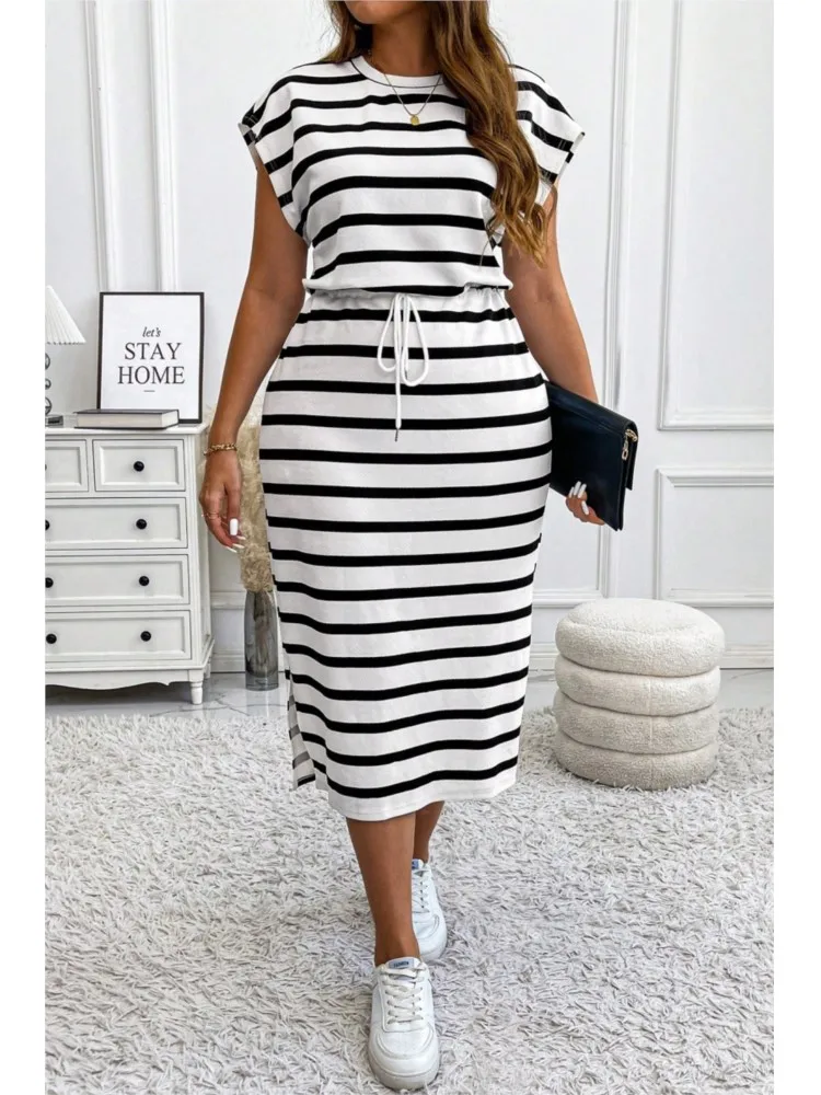 2025 Casual Striped Printed Short-sleeved Women's Dress Summer Fashion Cinched Waist Lace Up T Shirt Female Sports Dresses
