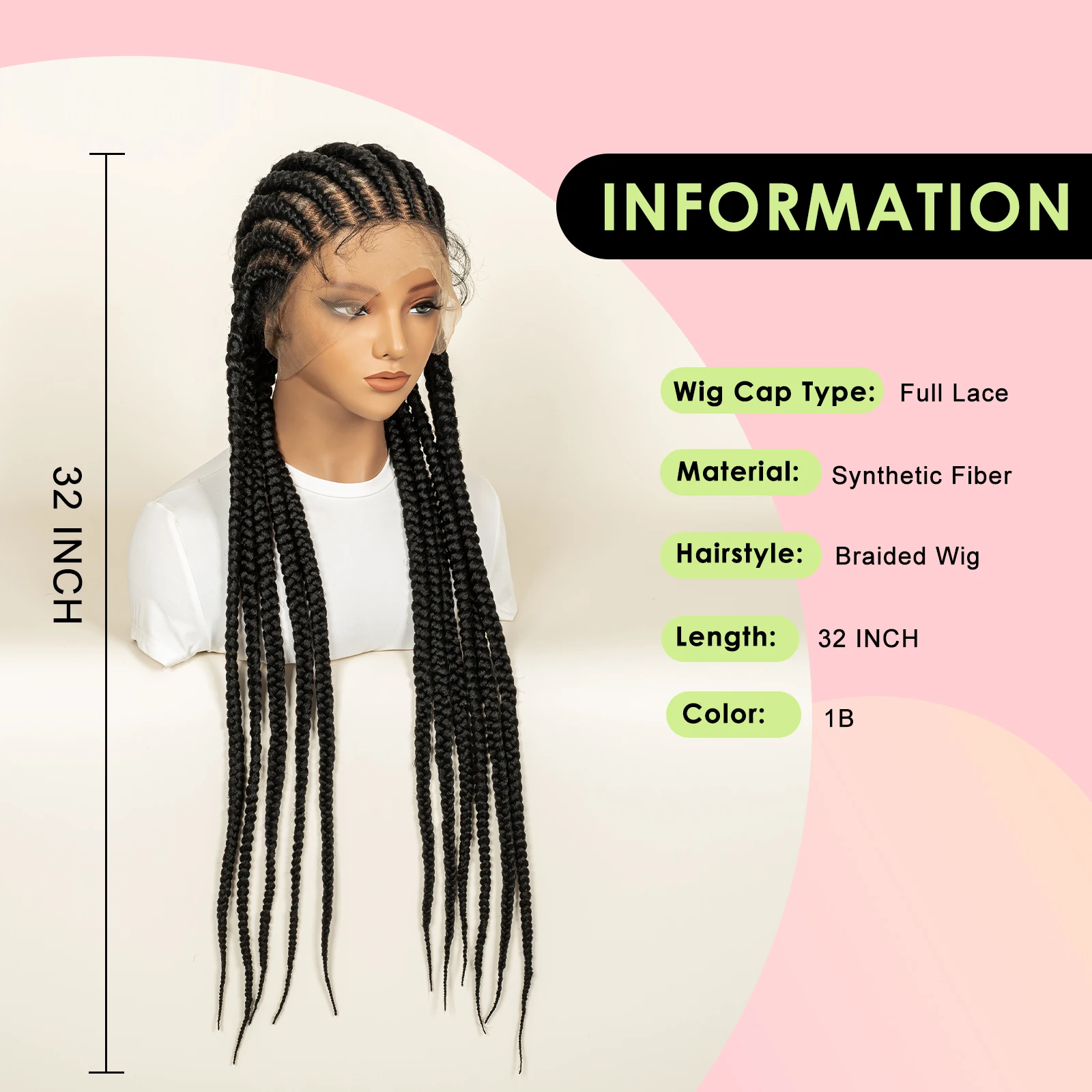 Synthetic 32inches Protective Cornrow Braided Wigs Jumbo Braids Full Lace Wigs for Black Women