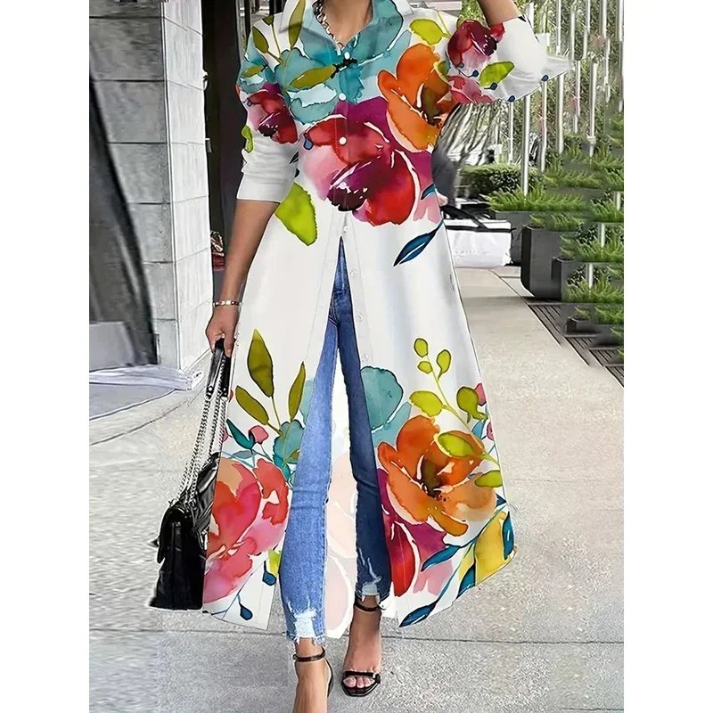 Uoozee Women's Lapel Shirts Dress 2024 New Spring Autumn Long Sleeve Single-breasted Floral Printed Elegant Evening Maxi Dresses