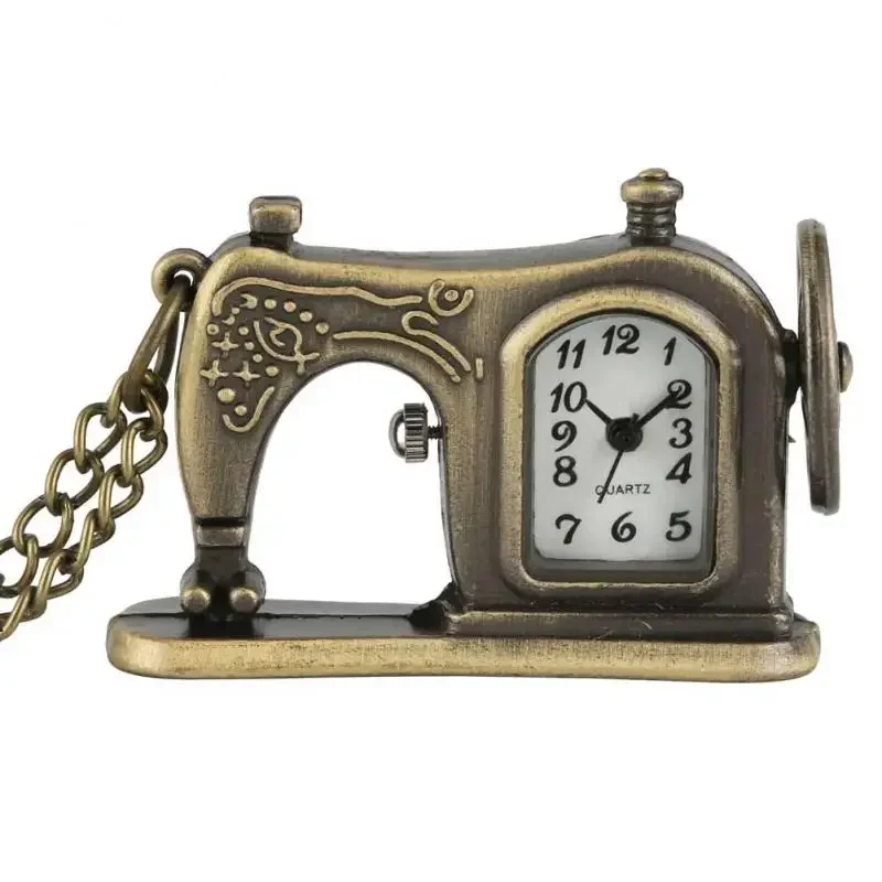 Unique Distinctive Sawing Machine Shape Pocket Watch Open Face Quartz Rectangle Dial with Arabic Numerals Pendant Clock