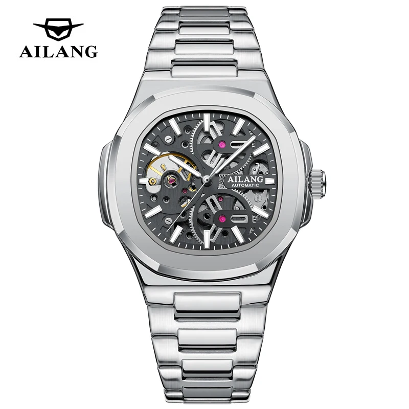 

Новые роскошные автоматические скелетонизированные квадратные часы AILANG для мужчин, из нержавеющей стали, водонепроницаемые, механические, деловые мужские часы