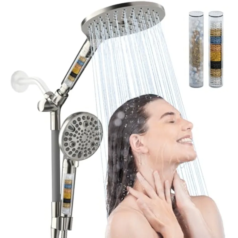 

Hard water bathroom shower system: brushed nickel dual shower head with 7.5-inch high-pressure fixed unit, 9-mode handheld spra
