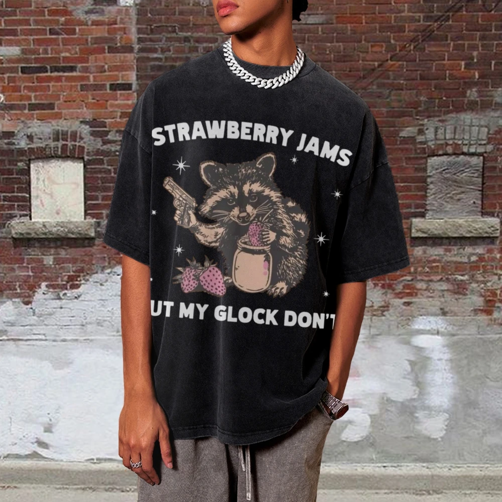 Unisex Style Oversize Loose T-Shirt Strawberry Hamster Print Washed Denim High Gram Weight Round Neck Short Sleeve
